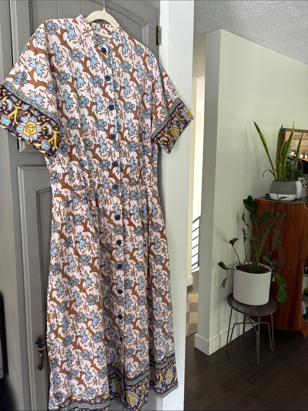 100% Cotton Handmade Maxi Dress, pockets, button front, Size L